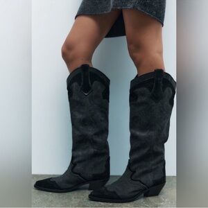 Zara Black Suede Denim Front V Western Knee-High Heeled Boots EU 39